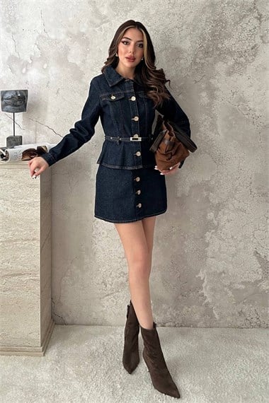 Blue Denim Jacket And Skirt Set With Gold Buttons