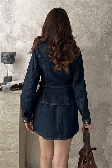 Blue Denim Jacket And Skirt Set With Gold Buttons