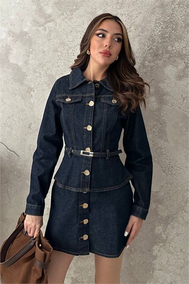 Blue Denim Jacket And Skirt Set With Gold Buttons