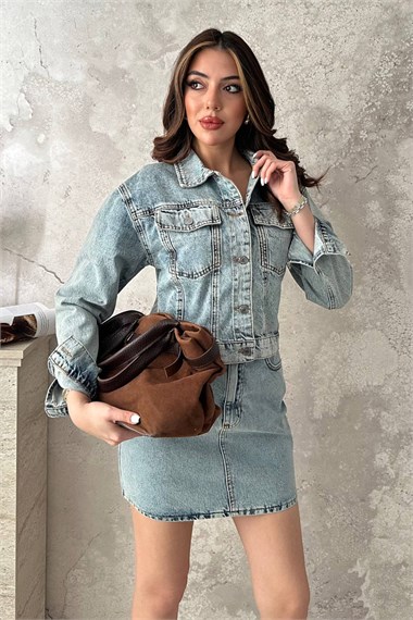 Blue Shimmering Denim Jacket Set