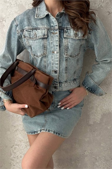 Blue Shimmering Denim Jacket Set