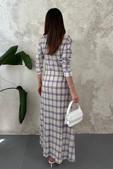 Blue Pleated Plaid Dress