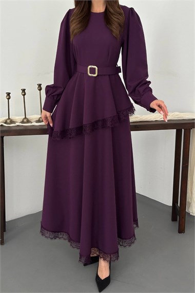 Mürdüm Asimetrik Dantelli Elbise