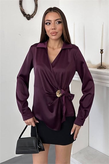 Plum-Colored Satin Blouse With Button Detail