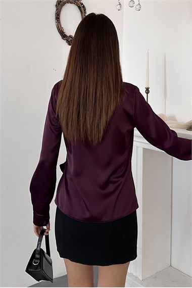 Plum-Colored Satin Blouse With Button Detail
