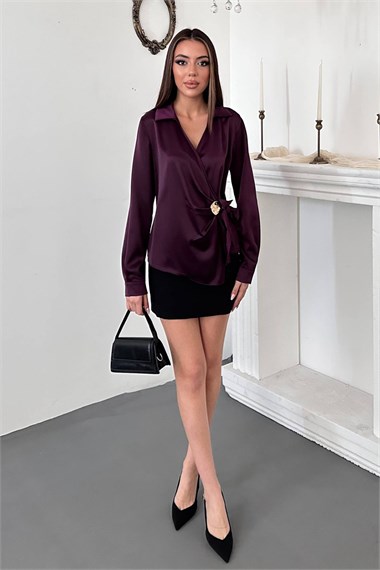 Plum-Colored Satin Blouse With Button Detail