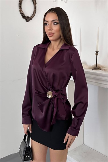 Plum-Colored Satin Blouse With Button Detail