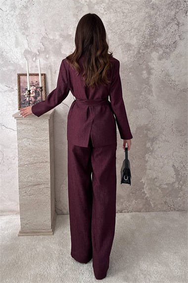 Plum Glossy Belted Suit