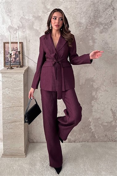 Plum Glossy Belted Suit