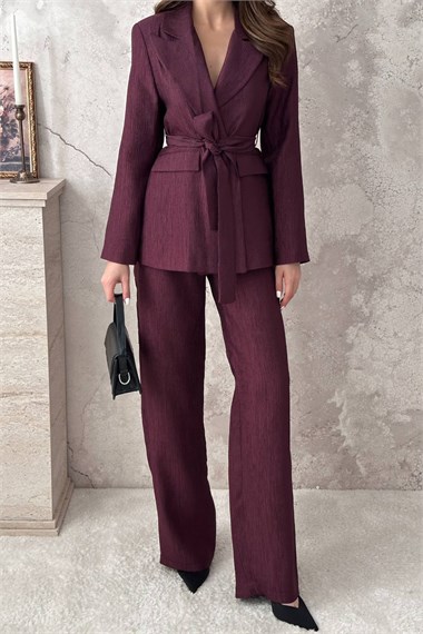 Plum Glossy Belted Suit