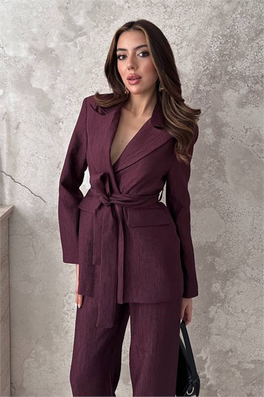 Plum Glossy Belted Suit