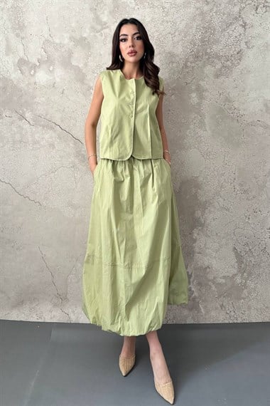 Olive Poplin Yelek Etek Takım