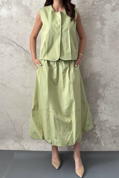 Olive Poplin Yelek Etek Takım
