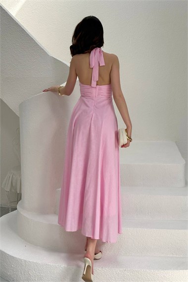 Pembe Askılı Keten Elbise