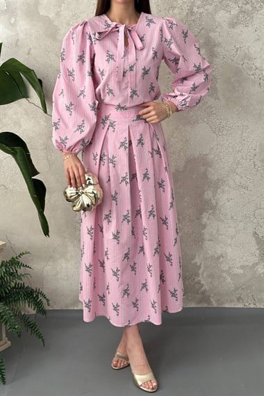 Pembe Çizgili Çiçekli Bluz Etek Takım