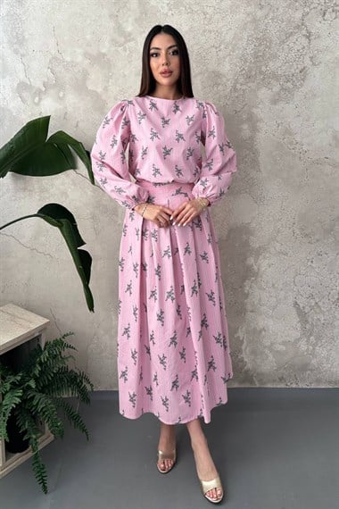 Pembe Çizgili Çiçekli Bluz Etek Takım
