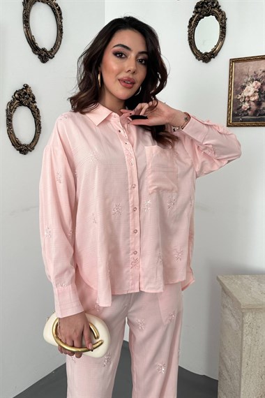 Pembe El İşlemeli Gömlek Pantolon Takım