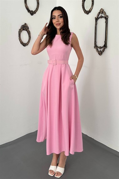 Pembe Halter Yaka Kloş Elbise