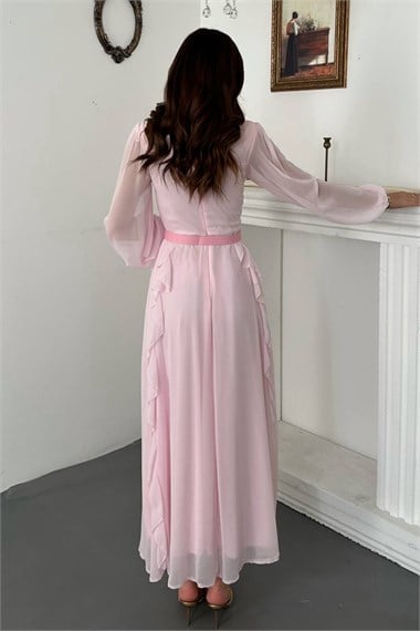 Pembe Kemerli Şifon Elbise