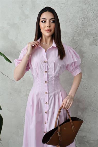 Pembe Pileli Poplin Elbise