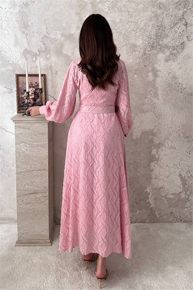 Powder Pink Long Dress With Belt Detail