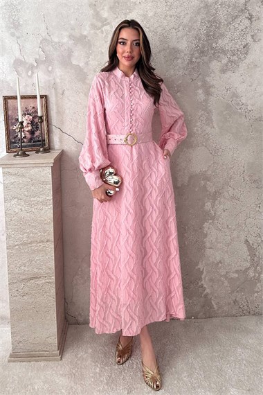 Powder Pink Long Dress With Belt Detail