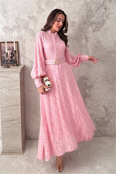 Powder Pink Long Dress With Belt Detail
