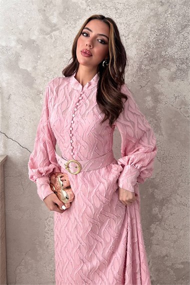 Powder Pink Long Dress With Belt Detail
