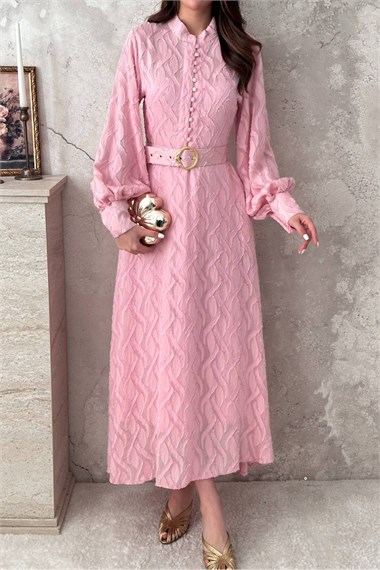 Powder Pink Long Dress With Belt Detail