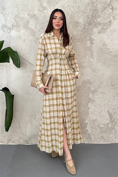 Yellow Pleated Plaid Dress