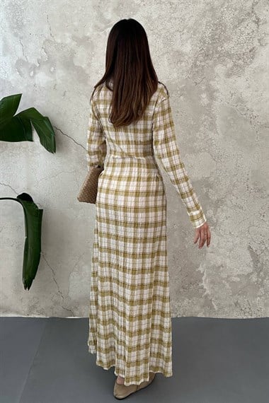 Yellow Pleated Plaid Dress