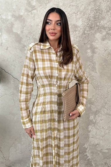 Yellow Pleated Plaid Dress
