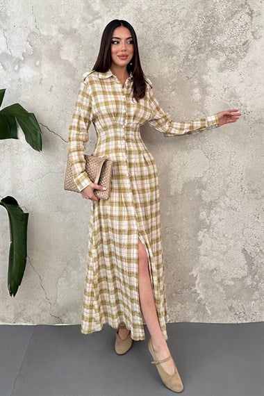 Yellow Pleated Plaid Dress