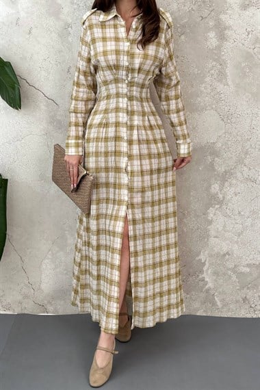 Yellow Pleated Plaid Dress