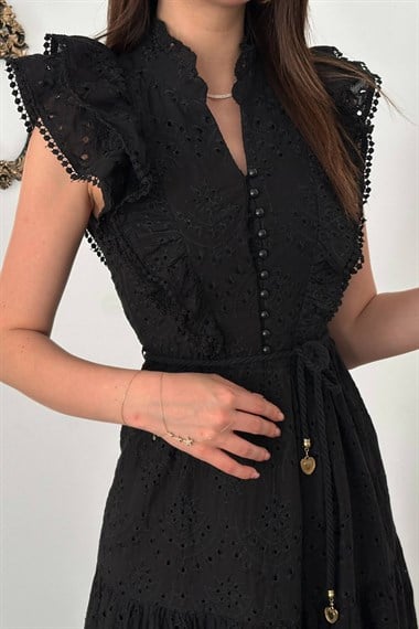 Black Ruffled Button-Down Dress