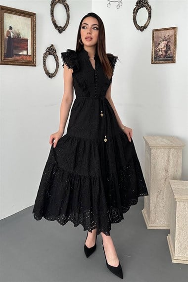 Black Ruffled Button-Down Dress