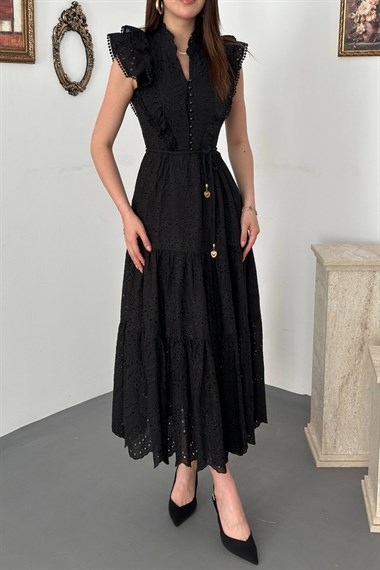 Black Ruffled Button-Down Dress