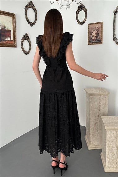 Black Ruffled Button-Down Dress