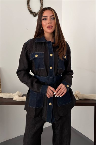 Black Trimmed Pocket Shirt And Trousers Set