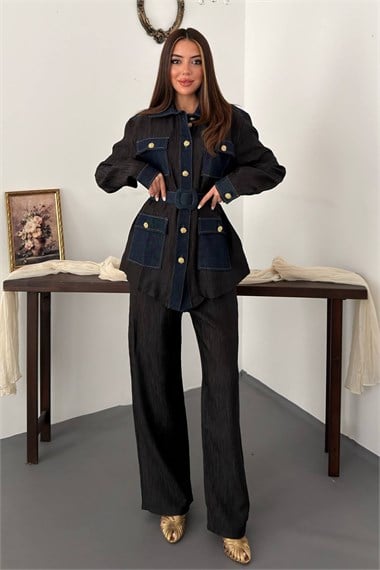 Black Trimmed Pocket Shirt And Trousers Set