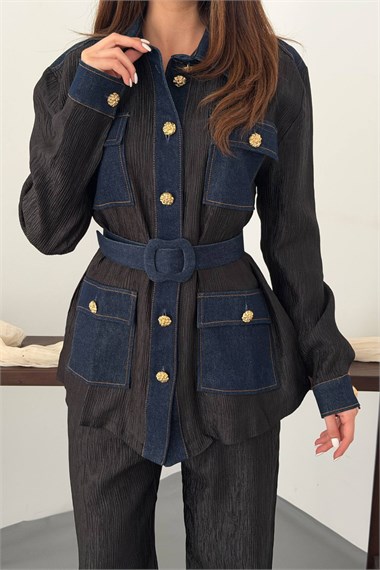 Black Trimmed Pocket Shirt And Trousers Set