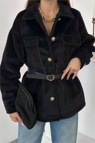 Black Cashmere Shirt with Gold Buttons
