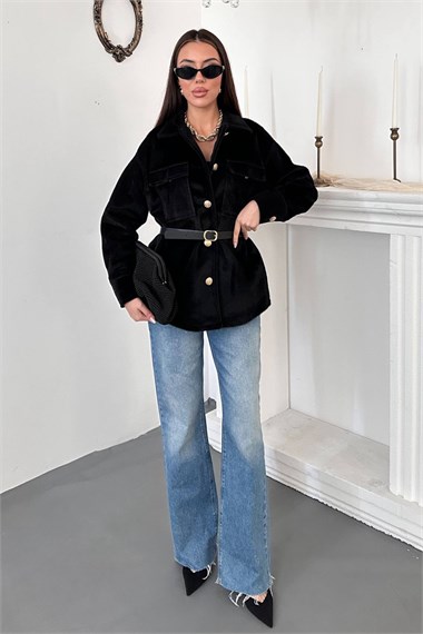 Black Cashmere Shirt with Gold Buttons