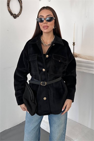 Black Cashmere Shirt with Gold Buttons