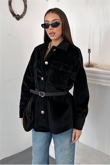 Black Cashmere Shirt with Gold Buttons