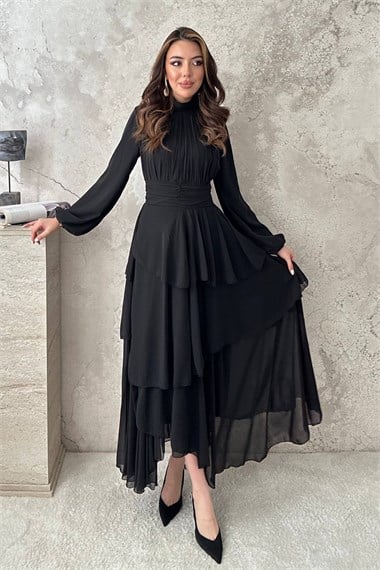 Black Layered Dress with Waist Detail