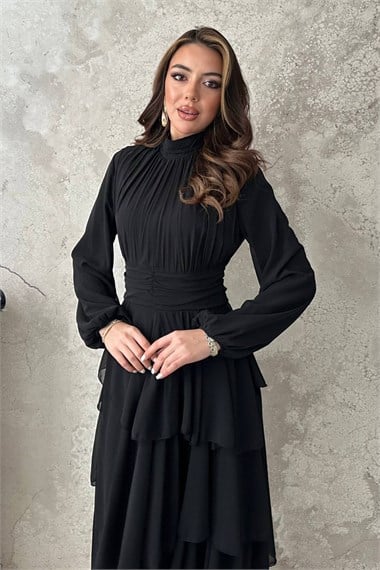 Black Layered Dress with Waist Detail