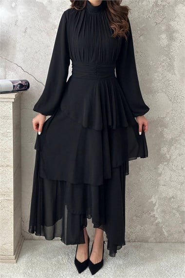 Black Layered Dress with Waist Detail
