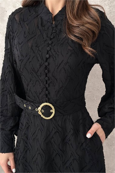 Black Long Dress With Belt Detail