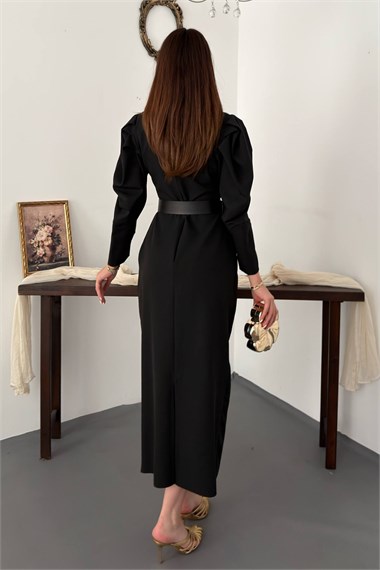 Black Dress With Pleated Sleeves And Belt